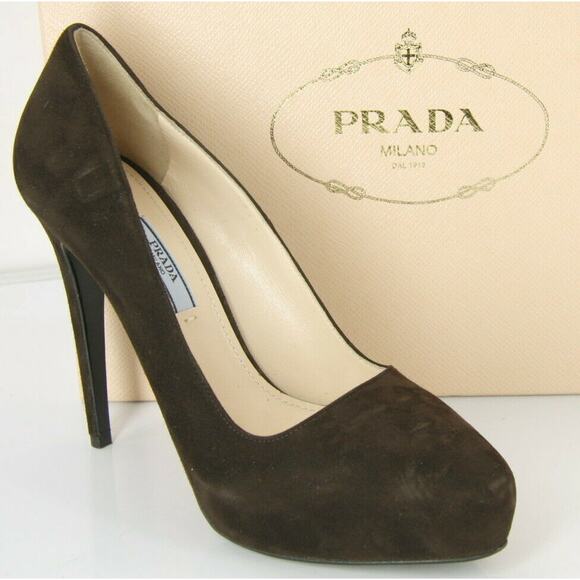 Prada Classic Brown Suede Leather Hidden Platform Heel Pump Pointy Toe NIB - Picture 1 of 10